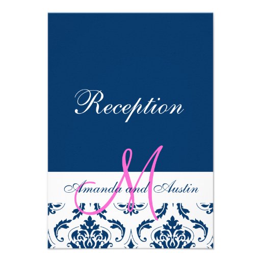 Blue White Damask Wedding Reception Invitation