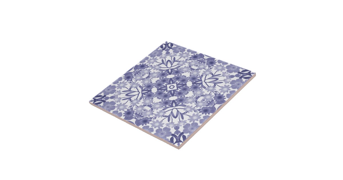 Blue White Floral Art Tile 