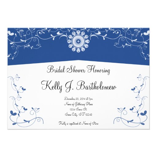 Blue White Floral Flourish Bridal Shower Personalized Invitation