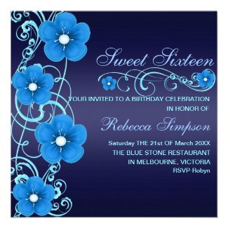Blue/White Flower Swirl Sweet16 Birthday Invite