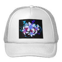 Blue & White Flowers Magenta Grunge Swirls & Splat Hat