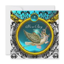 BLUE WHITE GOLD DAMASK STORK BABY SHOWER MONOGRAM PERSONALIZED INVITATIONS