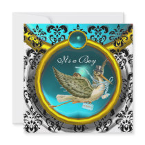 BLUE WHITE GOLD DAMASK STORK BABY SHOWER MONOGRAM INVITES