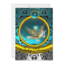 BLUE WHITE GOLD DAMASK STORK BABY SHOWER MONOGRAM CUSTOM INVITATION