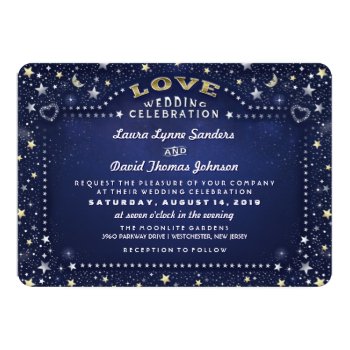 Blue White Gold Moon Stars Reception Info On Back 5x7 Paper Invitation Card by juliea2010 at Zazzle