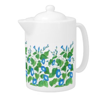 Blue, White, Green Tea Pot, Morning Glories