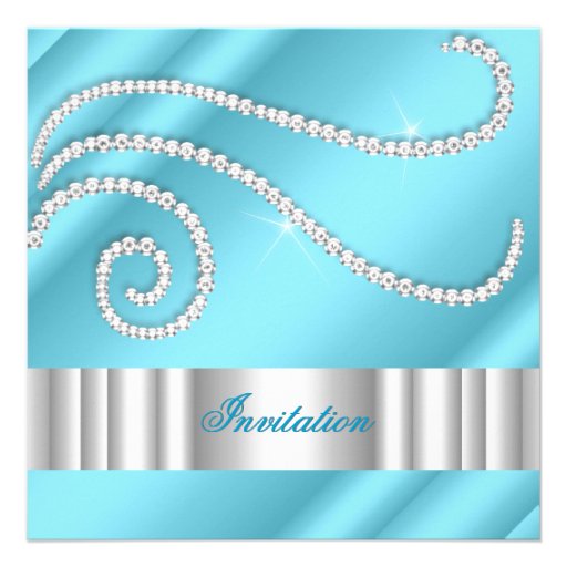Blue White Jewel diamonds Silver Birthday Party Personalized Invite