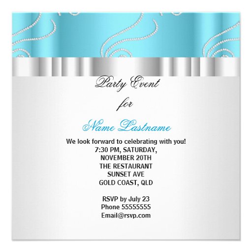 Blue White Jewel diamonds Silver Birthday Party Personalized Invite