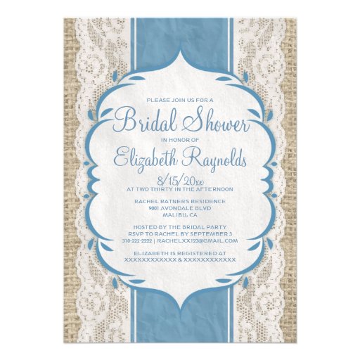 Blue White Linen Burlap Lace Bridal Shower Invites