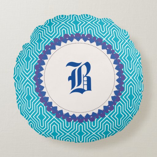 Blue White monogram Pattern Round Throw Pillow Zazzle