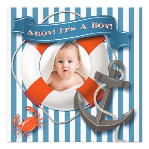 Blue, White Nautical Photo Baby Shower Invitation