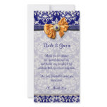 Blue white orange damask elegant personalized photo card