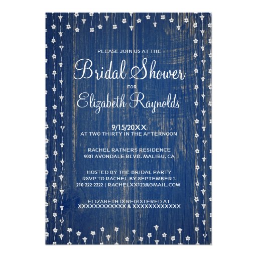 Blue White Rustic Country Bridal Shower Invitation