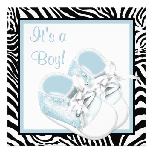 Blue White Shoes Blue Zebra Baby Boy Shower Personalized Announcements
