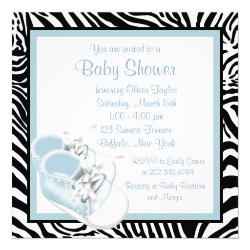 Blue White Shoes Blue Zebra Baby Boy Shower Personalized Announcements