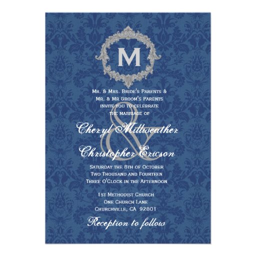 Blue White Silver Vintage Monogram Wedding V013 Custom Invitations