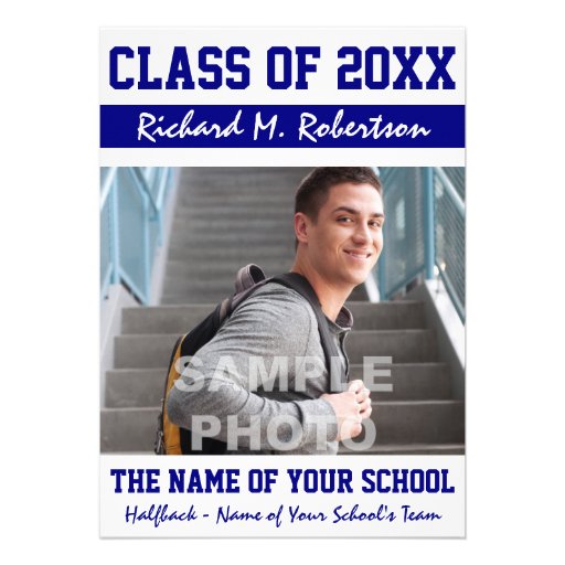 Blue White Sporty Guy's Graduation Varsity Number Custom Announcement