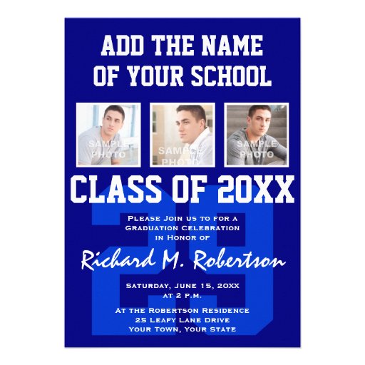 Blue White Sporty Guy's Graduation Varsity Number Custom Announcement (front side)