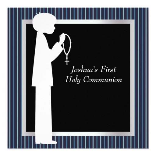 Blue White Stripe Rosary Boys First Communion Custom Invite