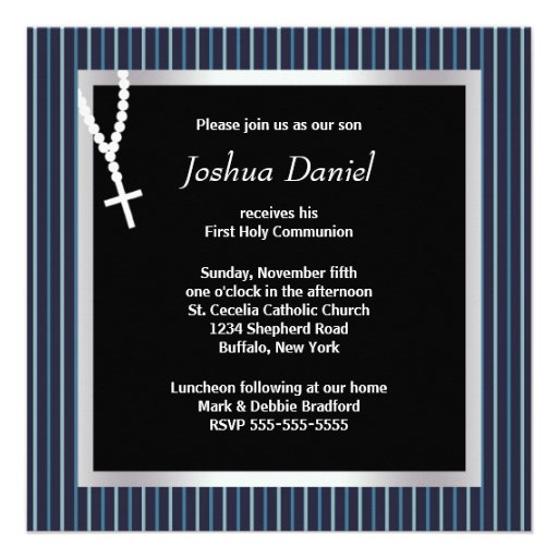 Blue White Stripe Rosary Boys First Communion Custom Invite