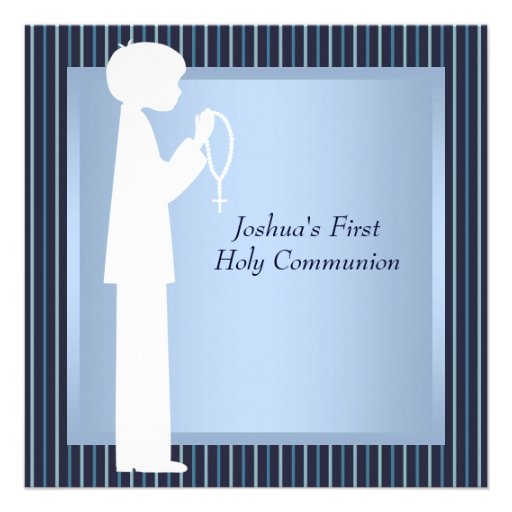 Blue White Stripe Rosary Boys First Communion Invite