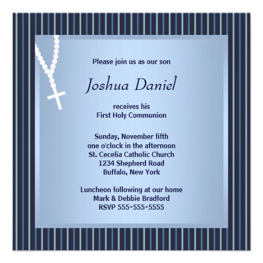 Blue White Stripe Rosary Boys First Communion Invite
