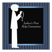 Blue White Stripe Rosary Boys First Communion Invite