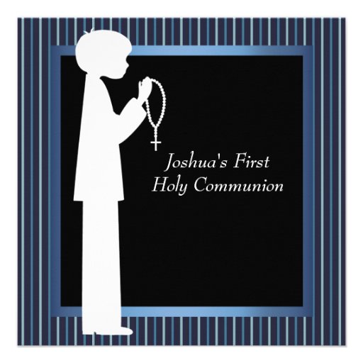 Blue White Stripe Rosary Boys First Communion Invite (front side)