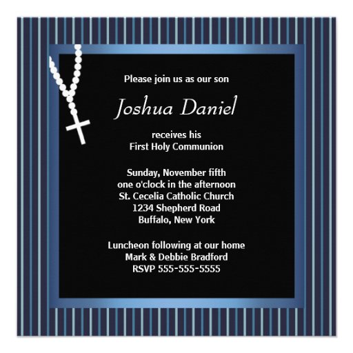 Blue White Stripe Rosary Boys First Communion Invite