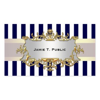 Blue White Stripe, White Ribbon, Gold Framed Label Business Card Template