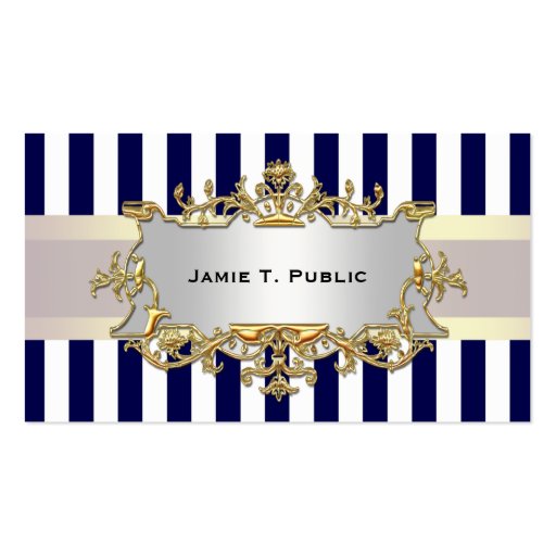 Blue White Stripe, White Ribbon, Gold Framed Label Business Card Template (front side)