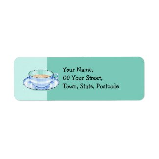 Blue White Teacup green Return Address Label label