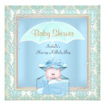 Blue White Umbrella Cute Boy Baby Shower Invitations
