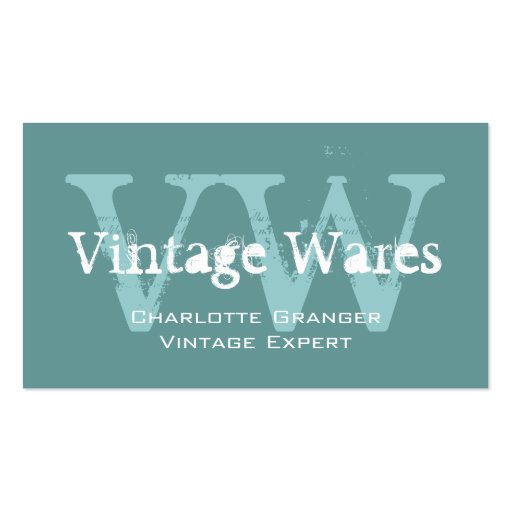 Blue White Vintage Shop Business Card Monograms (front side)