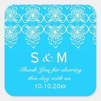 Blue White Wedding Thank You Monogram Square Stickers