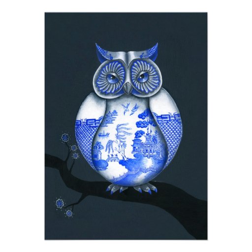 Blue Willow Owl Invitations