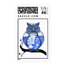 Blue Willow Owl Postage Stamps