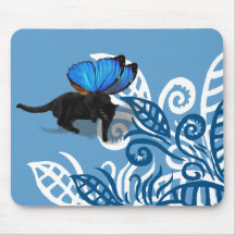 Blue winged kitty fairy hunt in leaves mousepads