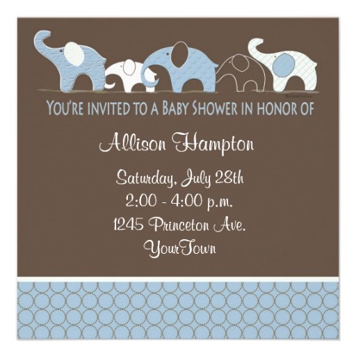 Blue with Brown Elephant Baby Shower Invitations
