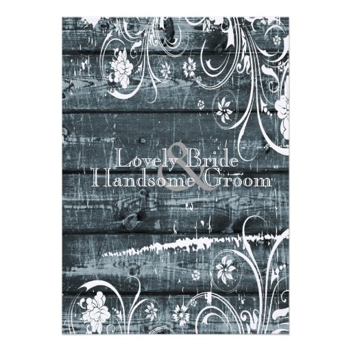 Blue Wood Shabby Lace Wedding Invitation