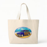 Blue Woodie with Surfboard on the Beach bags