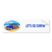 Blue Woodie with Surfboard on the Beach Bumper Stickers