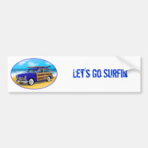 Blue Woodie with Surfboard on the Beach Bumper Stickers