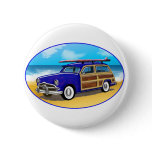 Blue Woodie with Surfboard on the Beach buttons