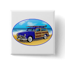 Blue Woodie with Surfboard on the Beach Pin