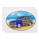 Blue Woodie with Surfboard on the Beach Custom Announcement