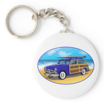 Blue Woodie with Surfboard on the Beach Key Chains