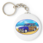 Blue Woodie with Surfboard on the Beach Key Chains
