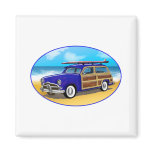 Blue Woodie with Surfboard on the Beach magnets