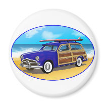 Blue Woodie with Surfboard on the Beach Magnet